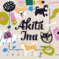 Cute Dogs Design. Childish Background with Akita Inu and Abstract Elements. Baby Freehand Doodle for Covers, Decor