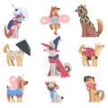 Cute Dogs of Different Breeds in Festive Costumes Set, Funny Pets Animals Dressed for Masquerade, Carnival, Party