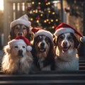 cute dogs of different breeds in New Year\'s hats. Banner with animals with a festive theme.