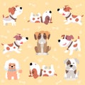 Cute dogs doodle vector set. Cartoon dog or puppy characters design collection with flat color in different poses. Set of funny Royalty Free Stock Photo