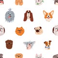 Cute dogs faces, muzzles pattern. Seamless background, repeating canine print with different doggy breeds. Endless