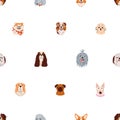 Cute dogs faces, seamless pattern. Funny puppies heads, endless background. Canine repeating print, adorable animals