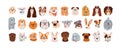 Cute dogs faces set. Canine head portraits of different doggy breeds. Funny puppies muzzles. Happy pups avatars of