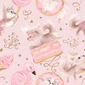 Cute dogs love sweets. Pink girly seamless pattern.