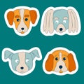 Cute dogs muzzle sticker set. Doodle color funny puppy faces. Dog heads. Different popular dog breeds Royalty Free Stock Photo