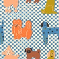 Cute dogs on a plaid seamless pattern vector. Set of funny cartoon dog and puppy pet. Royalty Free Stock Photo