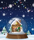 Cute dogs in snowdome on snow falling background