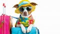 Cute dogs in sunglasses with suitcase and straw hat. Funny vacation and travel concept. Lovable, pretty dogs. Travel preparation Royalty Free Stock Photo