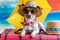 Cute dogs in sunglasses with suitcase and straw hat. Funny vacation and travel concept. Lovable, pretty dogs. Travel preparation Royalty Free Stock Photo