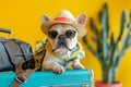 Cute dogs in sunglasses with suitcase and straw hat. Funny vacation and travel concept. Lovable, pretty dogs. Travel preparation