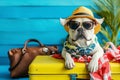 Cute dogs in sunglasses with suitcase and straw hat. Funny vacation and travel concept. Lovable, pretty dogs. Travel preparation Royalty Free Stock Photo