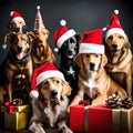 Cute dogs wearing Santa hats - ai generated image