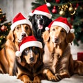 Cute dogs wearing Santa hats - ai generated image