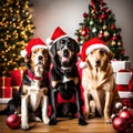 Cute dogs wearing Santa hats - ai generated image