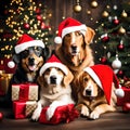 Cute dogs wearing Santa hats - ai generated image