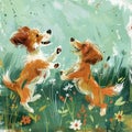 Cute dogs with whimsical tails find their bliss playfully chasing each other