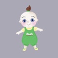 A cute doll with big eyes, in a green jumpsuit.
