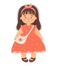 Cute doll. Children toy girl with long hair in red dress with handbag. Vector illustration in cartoon style. kids