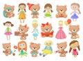 Cute Doll in Dress and Teddy Bear Toys as Kids Playroom Objects Big Vector Set