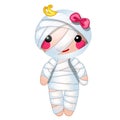 Cute doll in the form of a mummy wrapped in bandages isolated on white background. Vector cartoon close-up illustration.