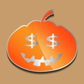 Cute dollar sign orange pumpkin sticker on a colored background.