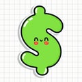 Cute Dollar sign sticker character. Vector hand drawn cartoon kawaii character illustration icon. Fun Dollar sign