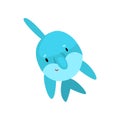 Cute Dolphin Cartoon Sea Animal Character Swimming, Front View Vector Illustration