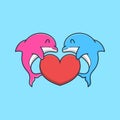 Cute dolphin couple holding love in their fins. isolated animal design concept. flat cartoon style premium vector Royalty Free Stock Photo