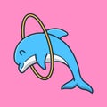 Cute dolphin are doing acrobatics jumping hula hoops. isolated animal design concept. flat cartoon style premium vector