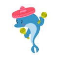 Cute dolphin dressed sombrero hat playing maracas. Funny dolphinfish performing in dolphinarium cartoon vector