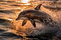 Cute dolphin jumping out of the water at sunset, with the orange glow of the sky reflecting off its back. Amazing Wildlife Royalty Free Stock Photo