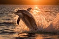 Cute dolphin jumping out of the water at sunset, with the orange glow of the sky reflecting off its back. Amazing Wildlife Royalty Free Stock Photo