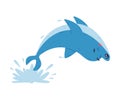 Cute dolphin jumping into water. Funny dolphinfish performing in dolphinarium cartoon vector illustration