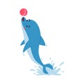 Cute dolphin playing red ball. Funny dolphinfish performing in dolphinarium cartoon vector illustration