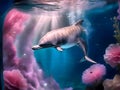 Cute dolphin underwater world with a pink colors