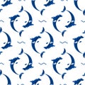 Cute dolphins aquatic marine nature ocean seamless pattern mammal sea water wildlife animal illustration.