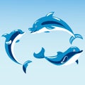 Cute dolphins aquatic marine nature ocean blue mammal sea water wildlife animal vector illustration.