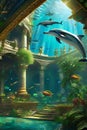 The cute dolphins with the fabled lost city of atlantis, beautiful ocean, ancient architecture, dramatic lighting, fantasy, dreamy