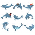 Cute Dolphins Set, Cartoon Sea Animal Characters In Different Pose Vector Illustration Royalty Free Stock Photo