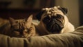 Cute domestic animals resting together on comfortable bed generated by AI