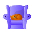 Cute domestic brown cat character slipping on the soft purple armchair. Vector illustration in flat cartoon style