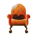 Cute domestic brown cat character slipping on the soft red armchair. Vector illustration in flat cartoon style