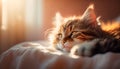 A red cat lies on a gray blanket. The rays of the sun fall on the cat. Cat basking in the sun, generative ai Royalty Free Stock Photo