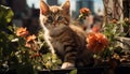 Cute domestic cat, playful and curious, sitting in a formal garden generated by AI