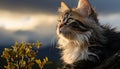 Cute domestic cat, small and fluffy, sitting in the grass generated by AI