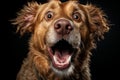 Cute domestic dog with adorable and amusingly surprised expression in funny photo