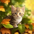 cute domestic kitten sitting on a leaf generat