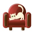 Cute domestic white cat character tears claws on the soft red armchair. Vector illustration in flat cartoon style