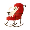 Cute domestic white cat character tears claws on the soft red rocking chair. Vector illustration in flat cartoon style