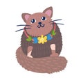 Cute domestic woolly pleased cat character resting in spring flower necklace isolated on white, flat vector illustration